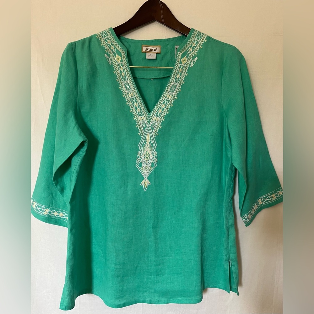 Preowned- J.M.P Women's 100% Linen Embroidered Tunic Top w. V neck - Sz L